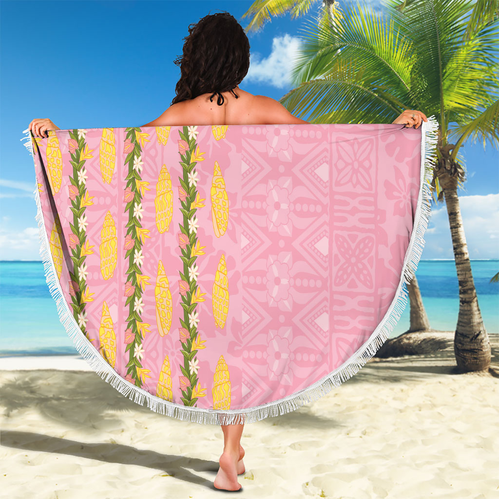 Hawaii Shell Tiare Anthurium Heliconia Lei Beach Blanket With Tapa Pattern Baby Pink