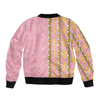 Hawaii Shell Tiare Anthurium Heliconia Lei Bomber Jacket With Tapa Pattern Baby Pink