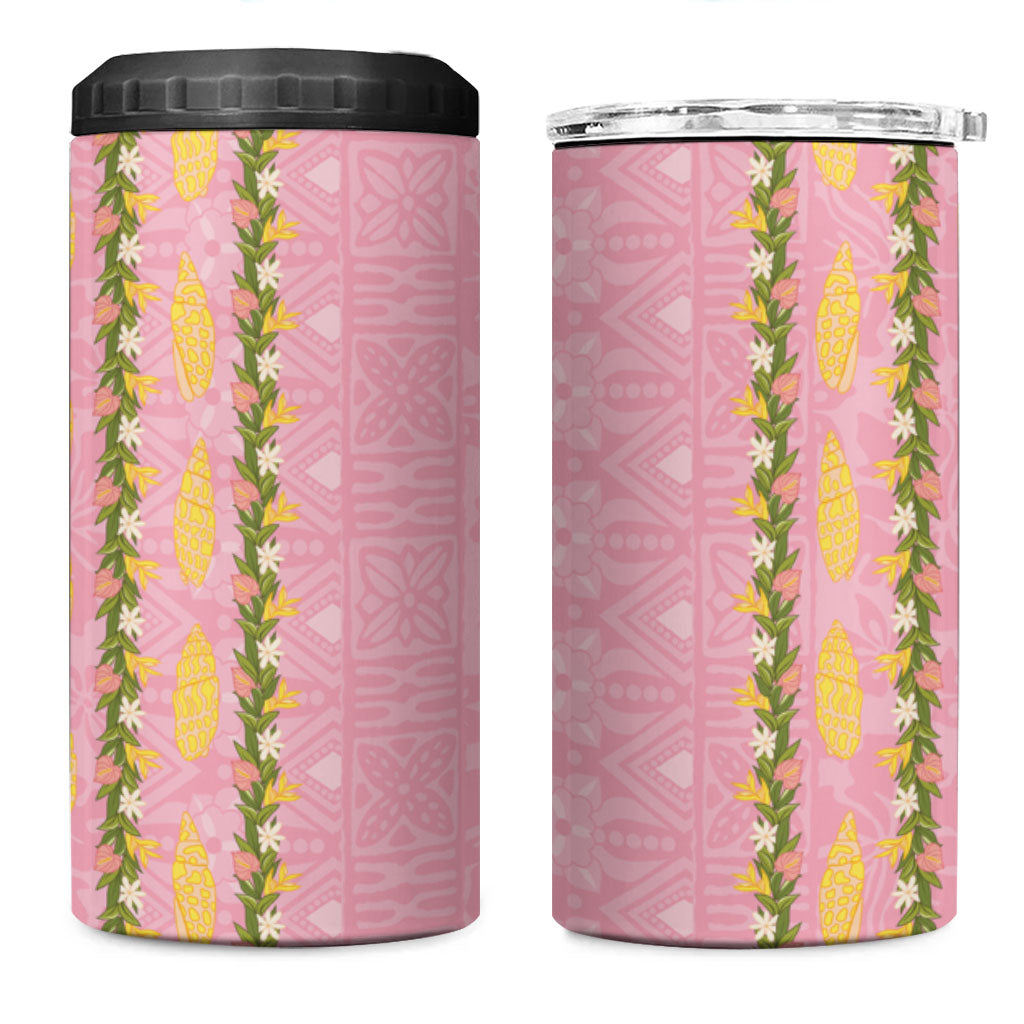 Hawaii Shell Tiare Anthurium Heliconia Lei 4 in 1 Can Cooler Tumbler With Tapa Pattern Baby Pink LT05 One Size: 16 oz Pink - Polynesian Pride