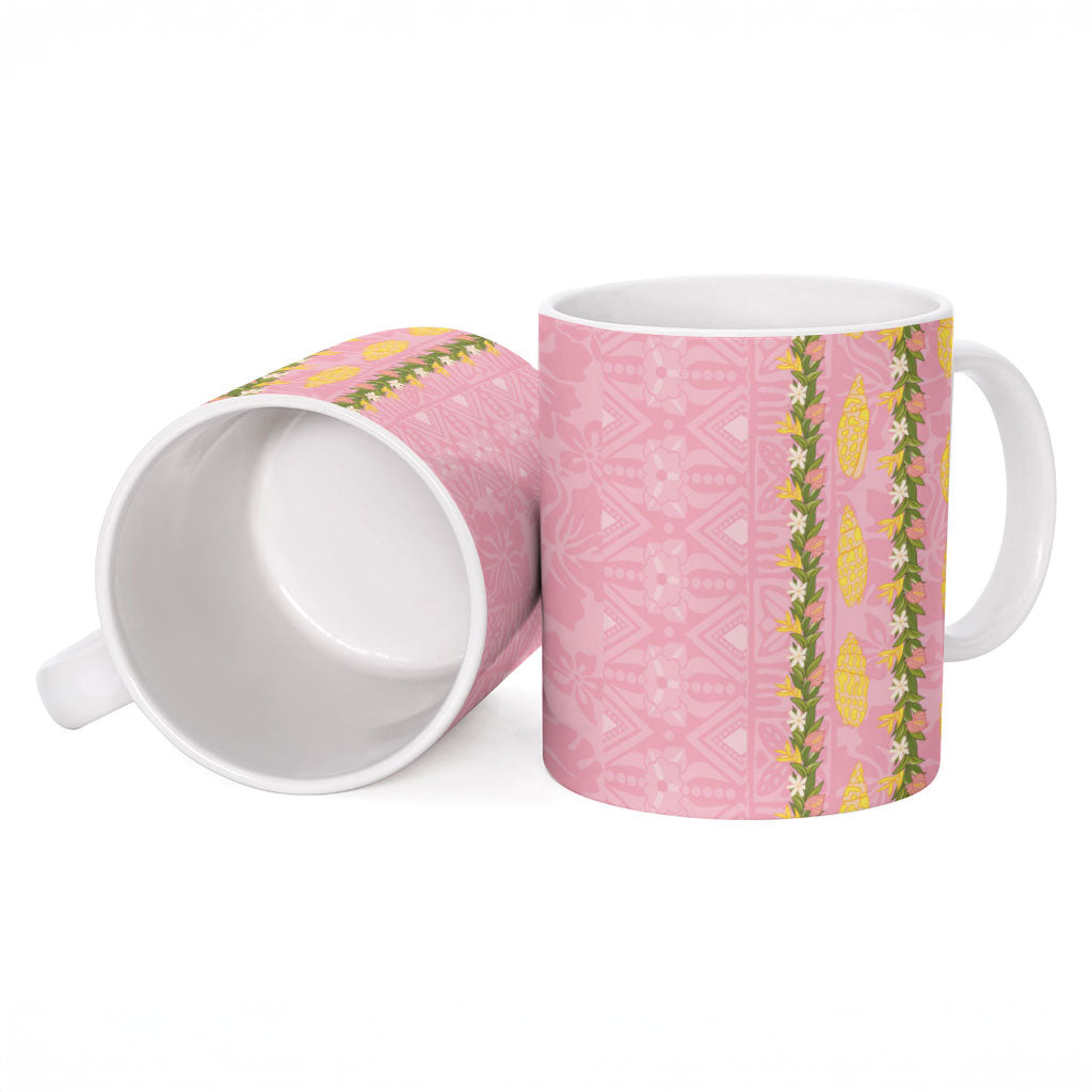 Hawaii Shell Tiare Anthurium Heliconia Lei Ceramic Mug With Tapa Pattern Baby Pink