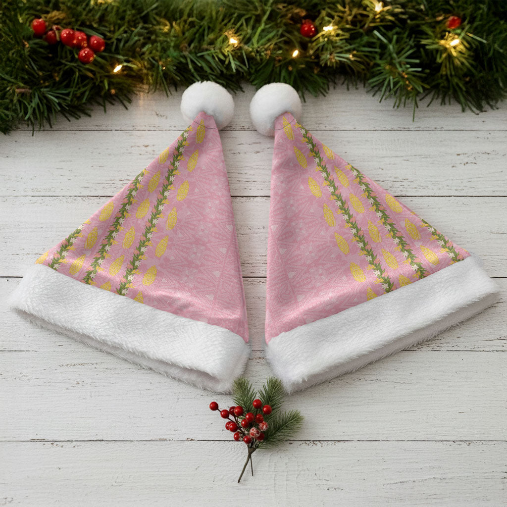 Hawaii Shell Tiare Anthurium Heliconia Lei Christmas Santa Hat With Tapa Pattern Baby Pink LT05 - Polynesian Pride