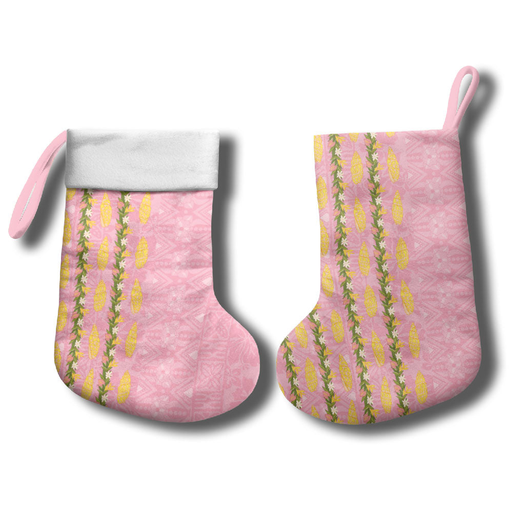 Hawaii Shell Tiare Anthurium Heliconia Lei Christmas Stocking With Tapa Pattern Baby Pink LT05 - Polynesian Pride