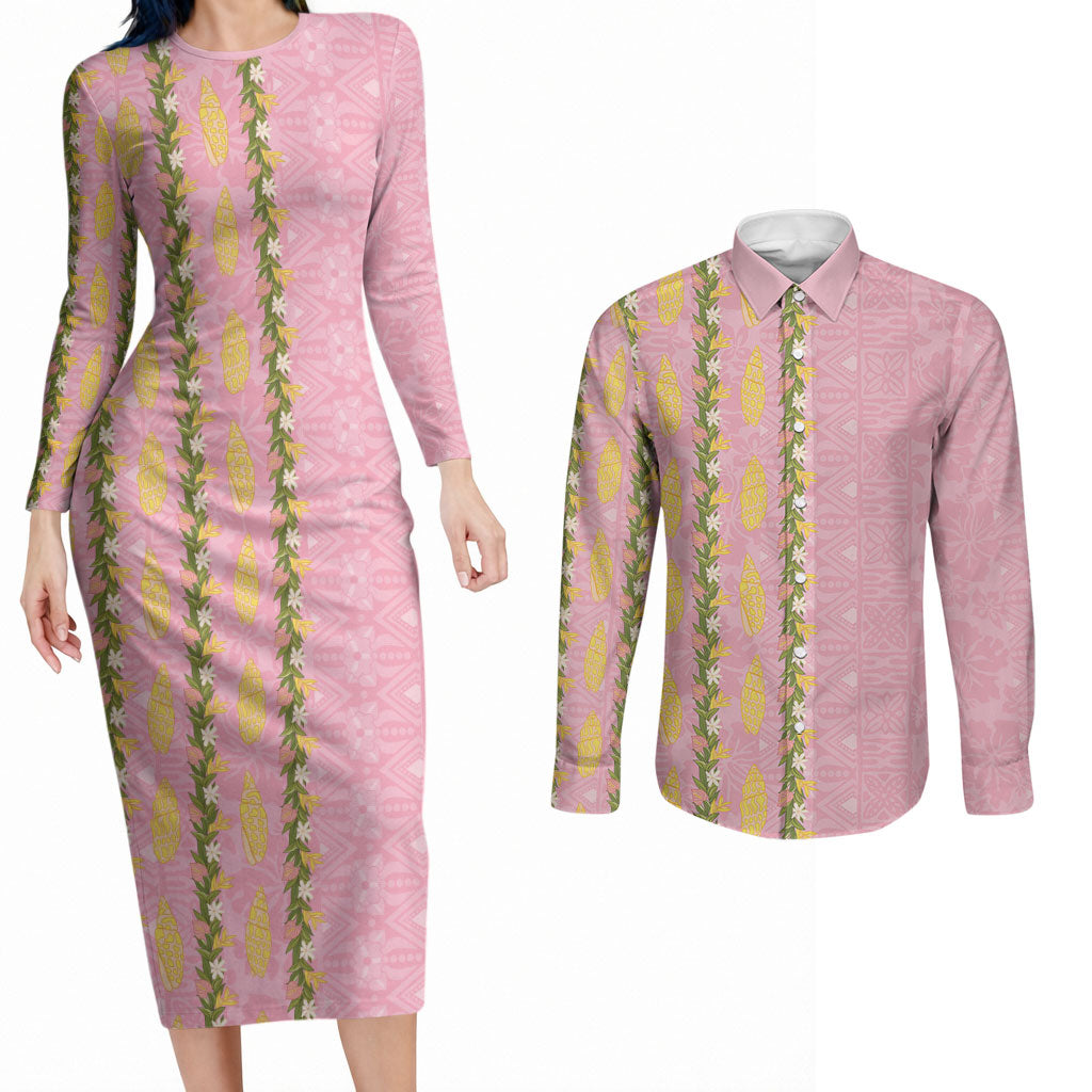 Hawaii Shell Tiare Anthurium Heliconia Lei Couples Matching Long Sleeve Bodycon Dress and Long Sleeve Button Shirt With Tapa Pattern Baby Pink LT05 Pink - Polynesian Pride
