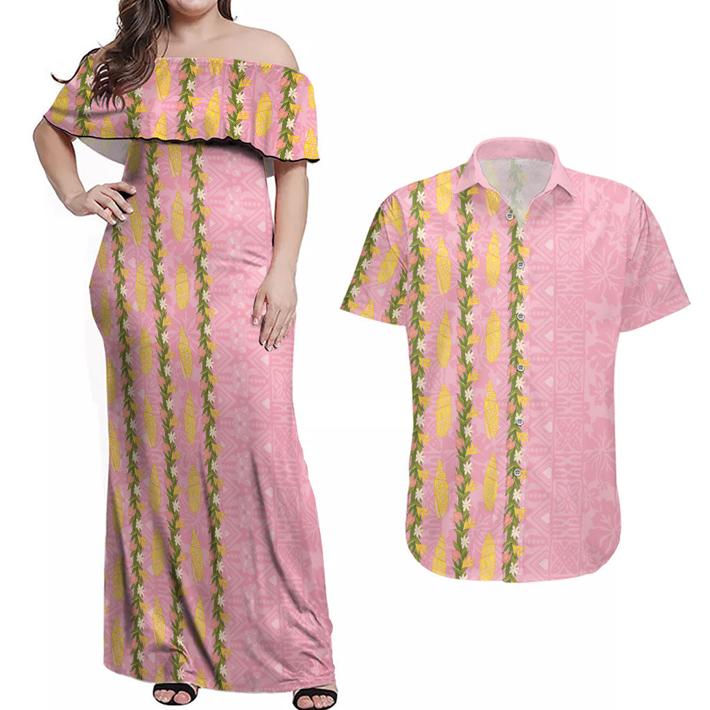 Hawaii Shell Tiare Anthurium Heliconia Lei Couples Matching Off Shoulder Maxi Dress and Hawaiian Shirt With Tapa Pattern Baby Pink