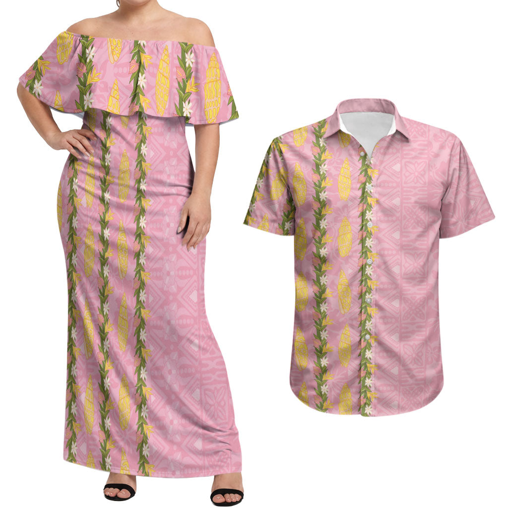 Hawaii Shell Tiare Anthurium Heliconia Lei Couples Matching Off Shoulder Maxi Dress and Hawaiian Shirt With Tapa Pattern Baby Pink LT05 Pink - Polynesian Pride