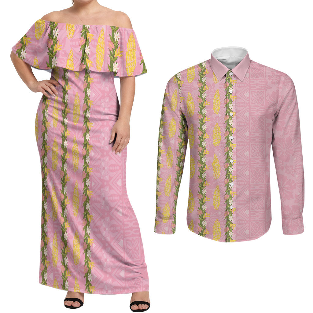 Hawaii Shell Tiare Anthurium Heliconia Lei Couples Matching Off Shoulder Maxi Dress and Long Sleeve Button Shirt With Tapa Pattern Baby Pink LT05 Pink - Polynesian Pride