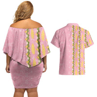 Hawaii Shell Tiare Anthurium Heliconia Lei Couples Matching Off Shoulder Short Dress and Hawaiian Shirt With Tapa Pattern Baby Pink