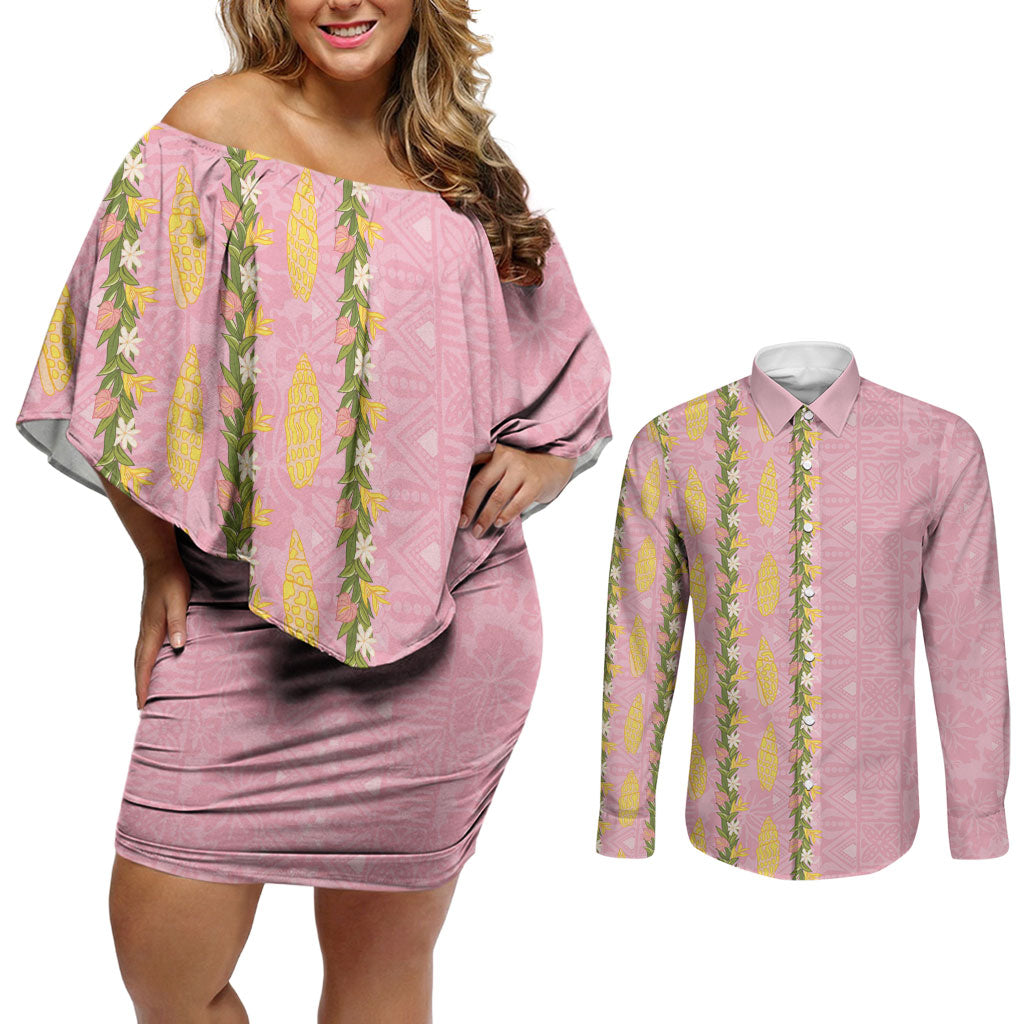 Hawaii Shell Tiare Anthurium Heliconia Lei Couples Matching Off Shoulder Short Dress and Long Sleeve Button Shirt With Tapa Pattern Baby Pink LT05 Pink - Polynesian Pride