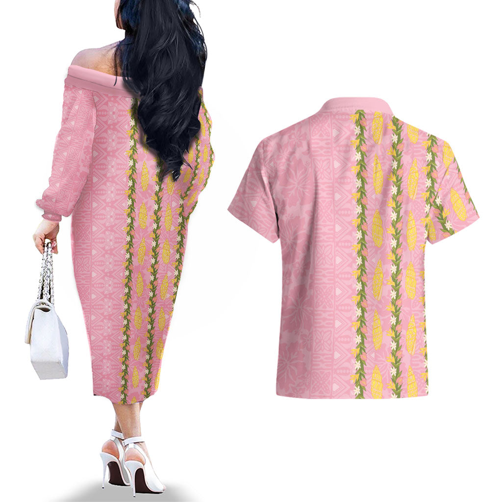 Hawaii Shell Tiare Anthurium Heliconia Lei Couples Matching Off The Shoulder Long Sleeve Dress and Hawaiian Shirt With Tapa Pattern Baby Pink LT05 - Polynesian Pride