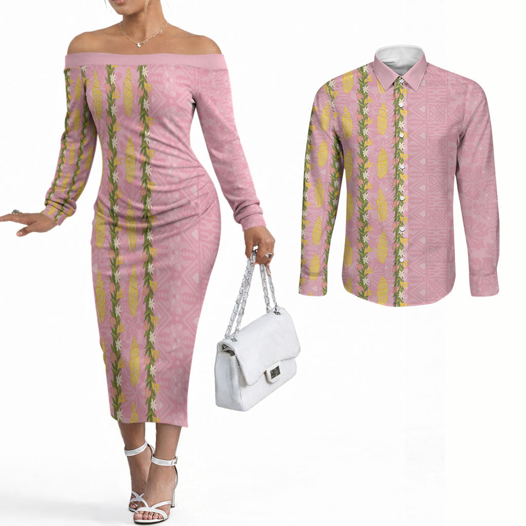 Hawaii Shell Tiare Anthurium Heliconia Lei Couples Matching Off The Shoulder Long Sleeve Dress and Long Sleeve Button Shirt With Tapa Pattern Baby Pink LT05 Pink - Polynesian Pride