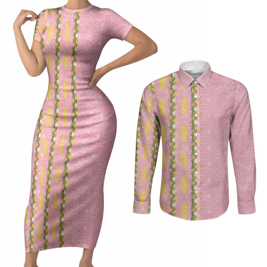 Hawaii Shell Tiare Anthurium Heliconia Lei Couples Matching Short Sleeve Bodycon Dress and Long Sleeve Button Shirt With Tapa Pattern Baby Pink LT05 Pink - Polynesian Pride