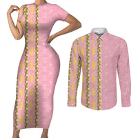 Hawaii Shell Tiare Anthurium Heliconia Lei Couples Matching Short Sleeve Bodycon Dress and Long Sleeve Button Shirt With Tapa Pattern Baby Pink