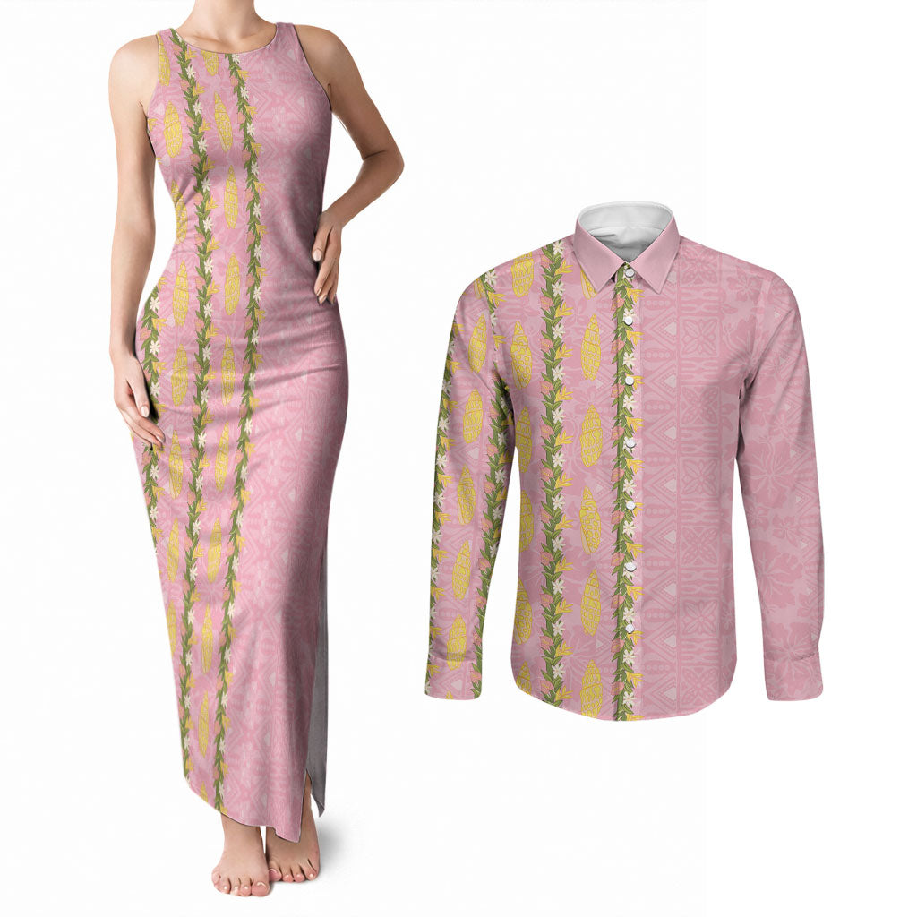 Hawaii Shell Tiare Anthurium Heliconia Lei Couples Matching Tank Maxi Dress and Long Sleeve Button Shirt With Tapa Pattern Baby Pink LT05 Pink - Polynesian Pride
