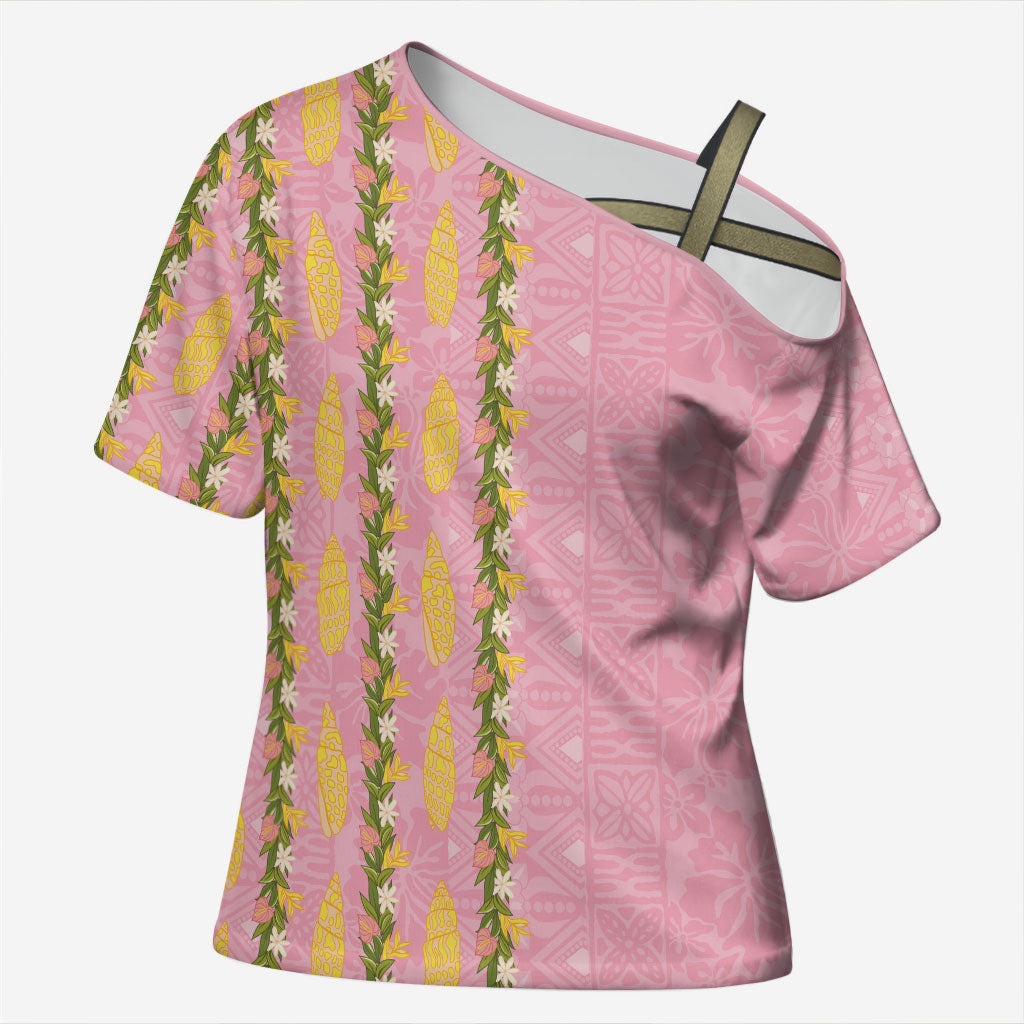Hawaii Shell Tiare Anthurium Heliconia Lei Cross Shoulder Shirt With Tapa Pattern Baby Pink LT05 Female Pink - Polynesian Pride