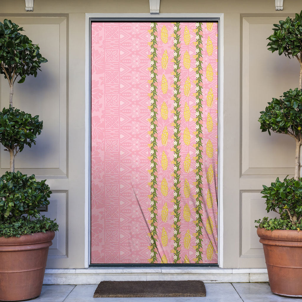 Hawaii Shell Tiare Anthurium Heliconia Lei Door Cover With Tapa Pattern Baby Pink LT05 Pink - Polynesian Pride