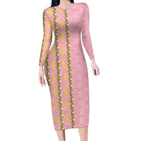 Hawaii Shell Tiare Anthurium Heliconia Lei Family Matching Long Sleeve Bodycon Dress and Hawaiian Shirt With Tapa Pattern Baby Pink