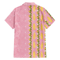 Hawaii Shell Tiare Anthurium Heliconia Lei Family Matching Off The Shoulder Long Sleeve Dress and Hawaiian Shirt With Tapa Pattern Baby Pink
