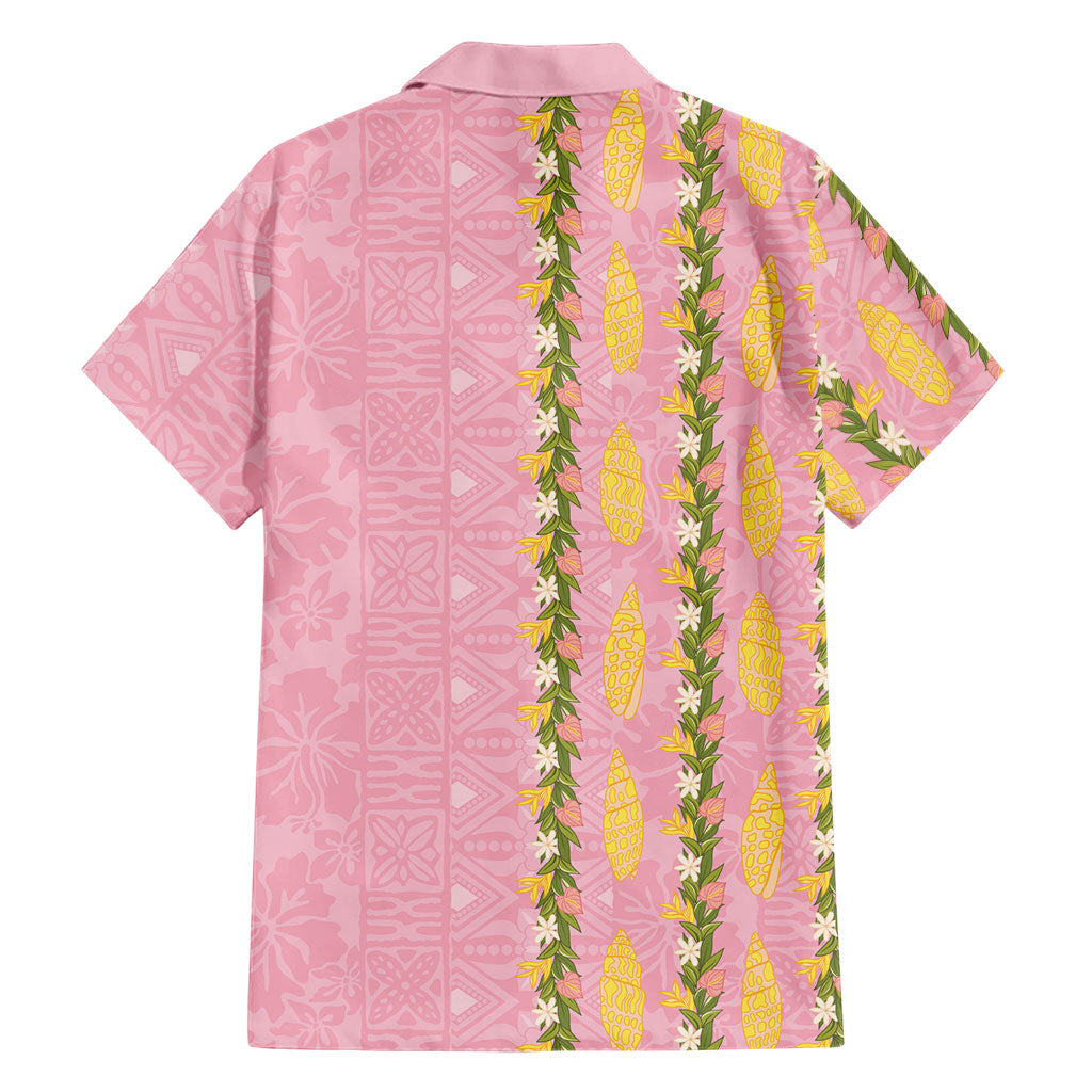 Hawaii Shell Tiare Anthurium Heliconia Lei Family Matching Off Shoulder Short Dress and Hawaiian Shirt With Tapa Pattern Baby Pink