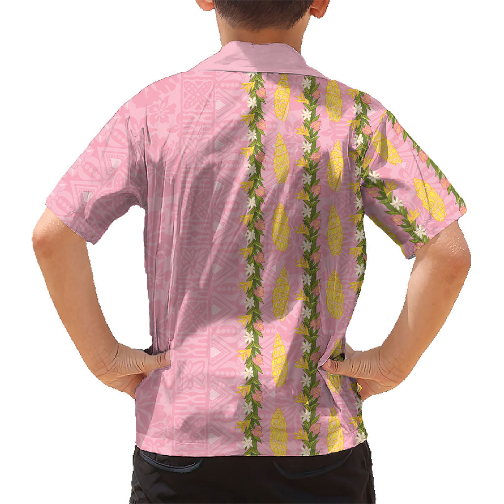 Hawaii Shell Tiare Anthurium Heliconia Lei Family Matching Puletasi and Hawaiian Shirt With Tapa Pattern Baby Pink LT05 - Polynesian Pride