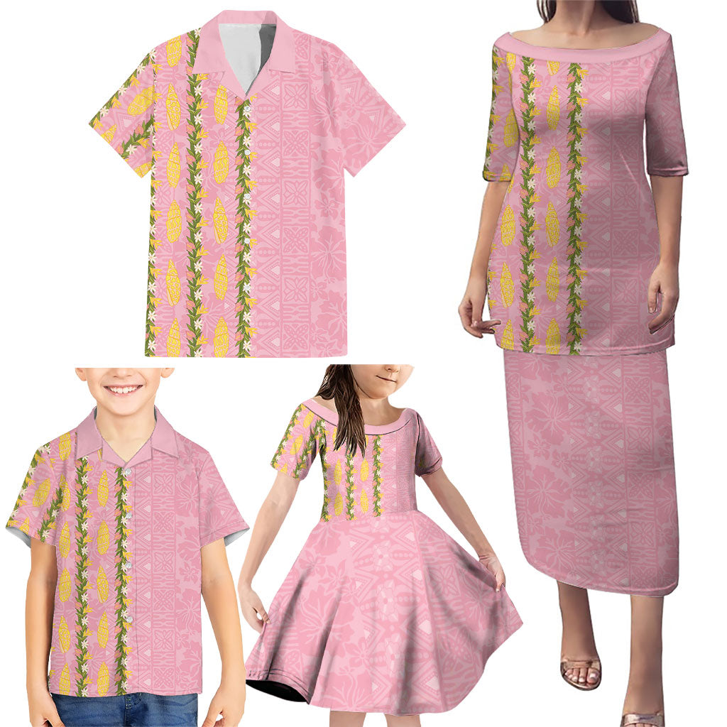 Hawaii Shell Tiare Anthurium Heliconia Lei Family Matching Puletasi and Hawaiian Shirt With Tapa Pattern Baby Pink LT05 - Polynesian Pride