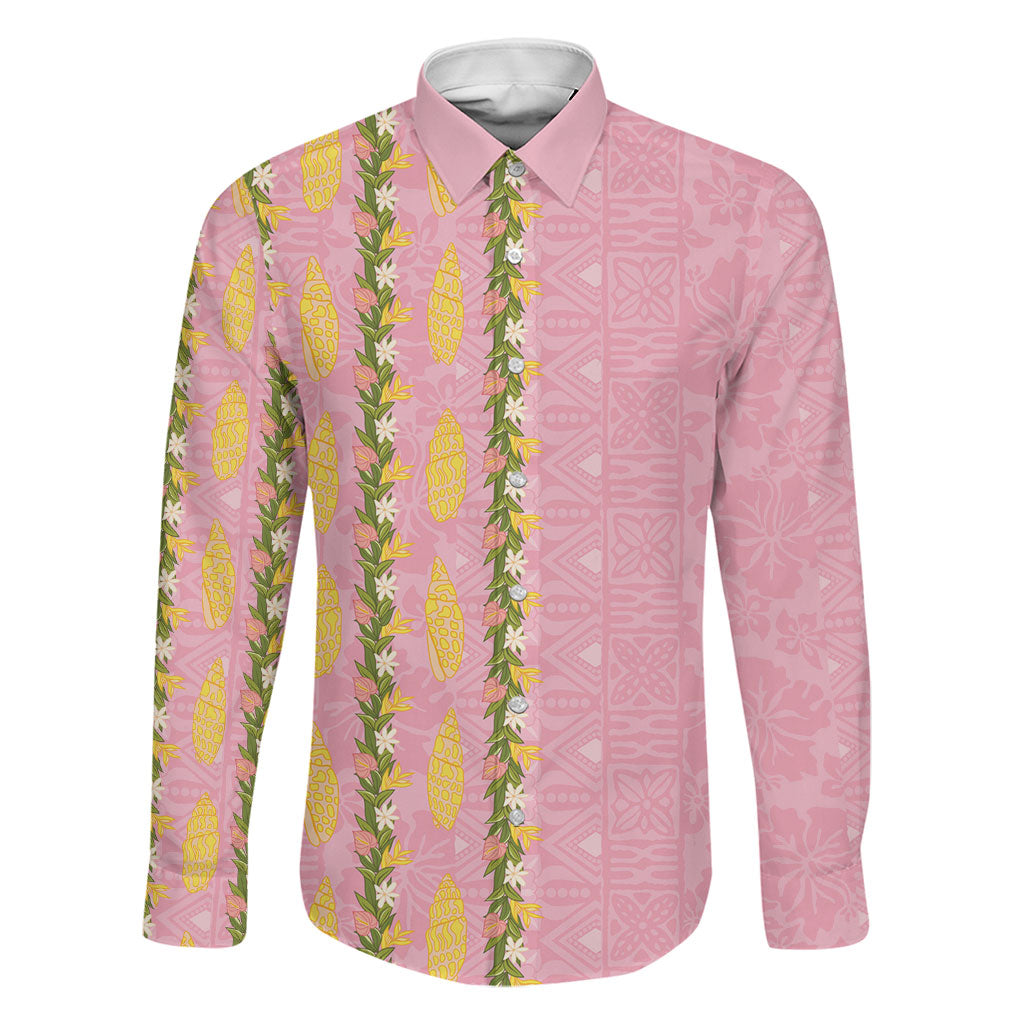 Hawaii Shell Tiare Anthurium Heliconia Lei Family Matching Puletasi and Hawaiian Shirt With Tapa Pattern Baby Pink LT05 Dad's Shirt - Long Sleeve Pink - Polynesian Pride