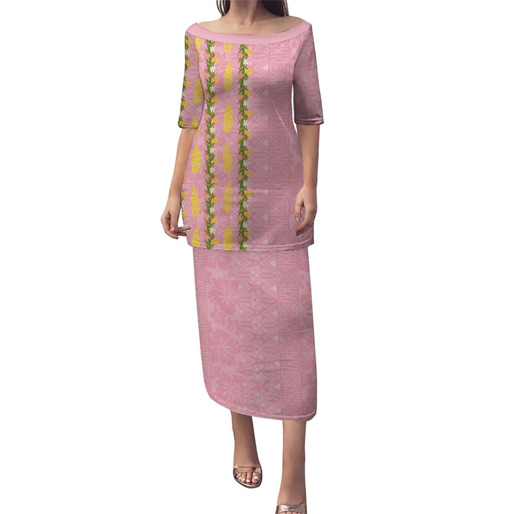 Hawaii Shell Tiare Anthurium Heliconia Lei Family Matching Puletasi and Hawaiian Shirt With Tapa Pattern Baby Pink LT05 Mom's Dress Pink - Polynesian Pride