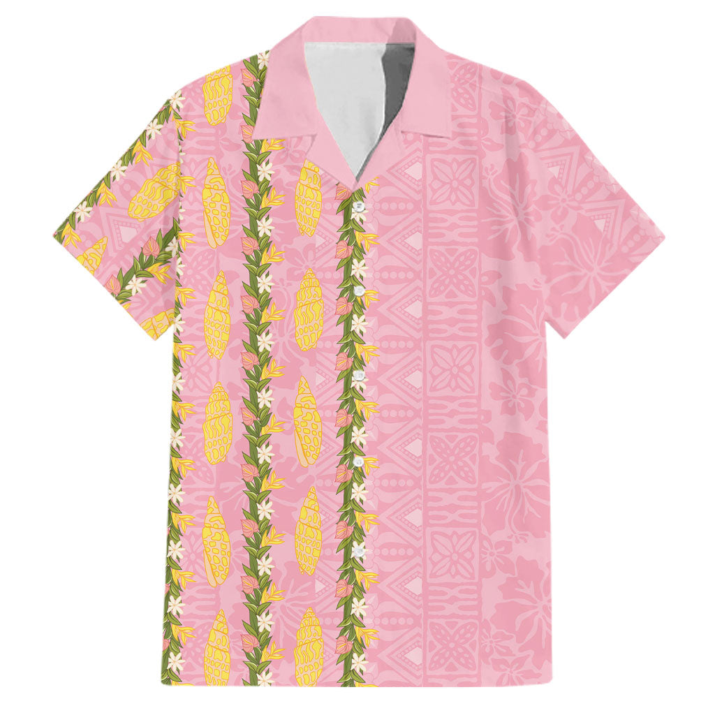 Hawaii Shell Tiare Anthurium Heliconia Lei Family Matching Summer Maxi Dress and Hawaiian Shirt With Tapa Pattern Baby Pink
