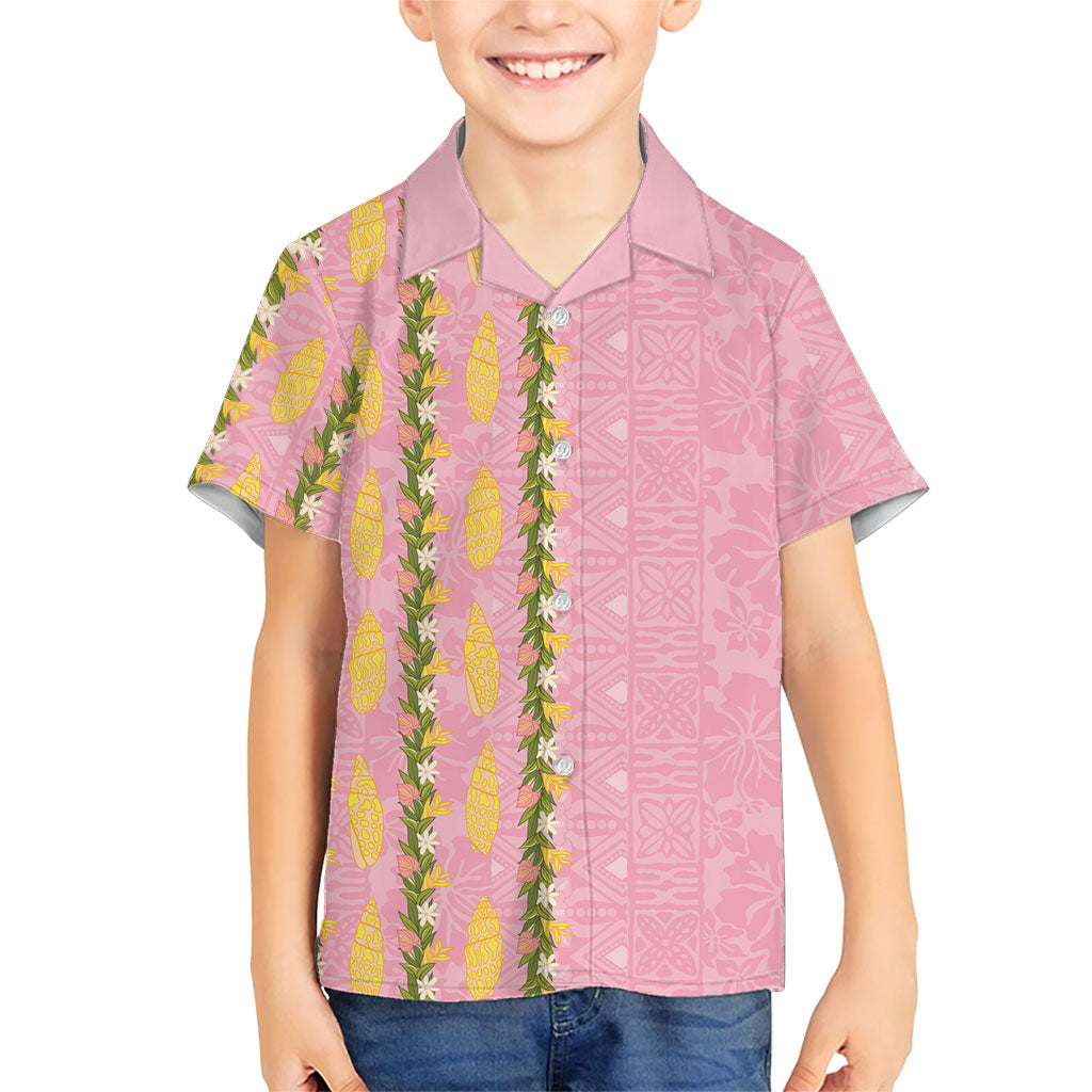 Hawaii Shell Tiare Anthurium Heliconia Lei Family Matching Summer Maxi Dress and Hawaiian Shirt With Tapa Pattern Baby Pink