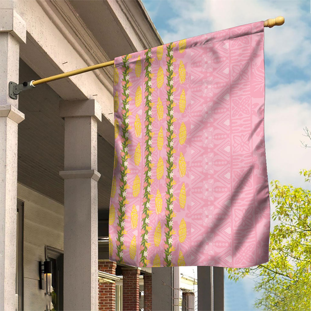 Hawaii Shell Tiare Anthurium Heliconia Lei Garden Flag With Tapa Pattern Baby Pink LT05 House Flag Pink - Polynesian Pride
