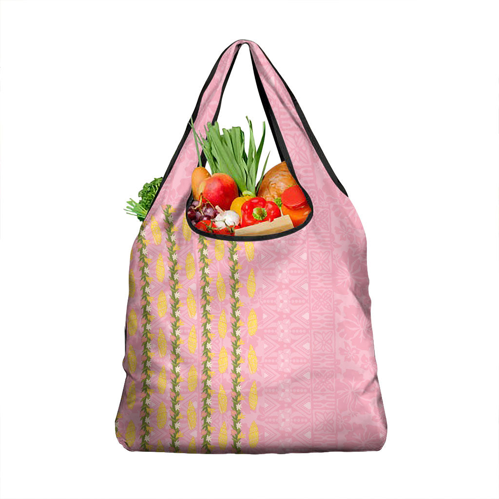 Hawaii Shell Tiare Anthurium Heliconia Lei Grocery Bag With Tapa Pattern Baby Pink LT05 1-pack One Size Pink - Polynesian Pride