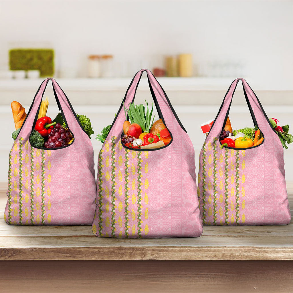 Hawaii Shell Tiare Anthurium Heliconia Lei Grocery Bag With Tapa Pattern Baby Pink