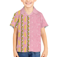Hawaii Shell Tiare Anthurium Heliconia Lei Hawaiian Shirt With Tapa Pattern Baby Pink