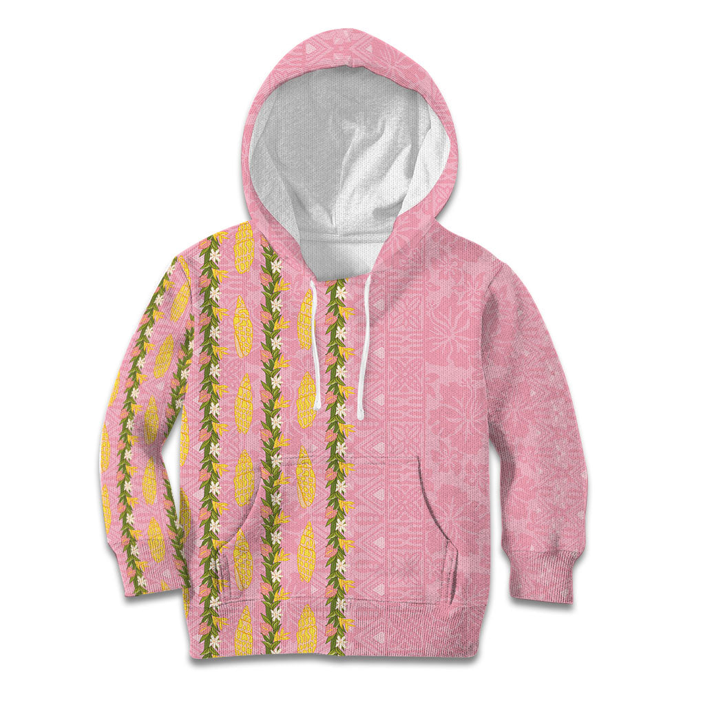 Hawaii Shell Tiare Anthurium Heliconia Lei Kid Hoodie With Tapa Pattern Baby Pink LT05 Hoodie Pink - Polynesian Pride