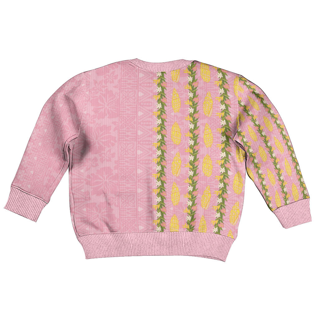 Hawaii Shell Tiare Anthurium Heliconia Lei Kid Ugly Christmas Sweater With Tapa Pattern Baby Pink LT05 - Polynesian Pride