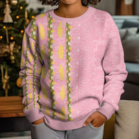 Hawaii Shell Tiare Anthurium Heliconia Lei Kid Ugly Christmas Sweater With Tapa Pattern Baby Pink LT05 - Polynesian Pride