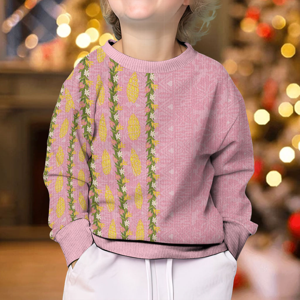Hawaii Shell Tiare Anthurium Heliconia Lei Kid Ugly Christmas Sweater With Tapa Pattern Baby Pink LT05 - Polynesian Pride
