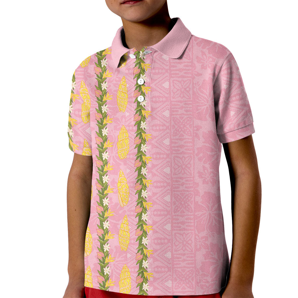Hawaii Shell Tiare Anthurium Heliconia Lei Kid Polo Shirt With Tapa Pattern Baby Pink LT05 Kid Pink - Polynesian Pride