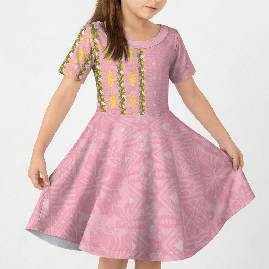 Hawaii Shell Tiare Anthurium Heliconia Lei Kid Short Sleeve Dress With Tapa Pattern Baby Pink LT05 KID Pink - Polynesian Pride