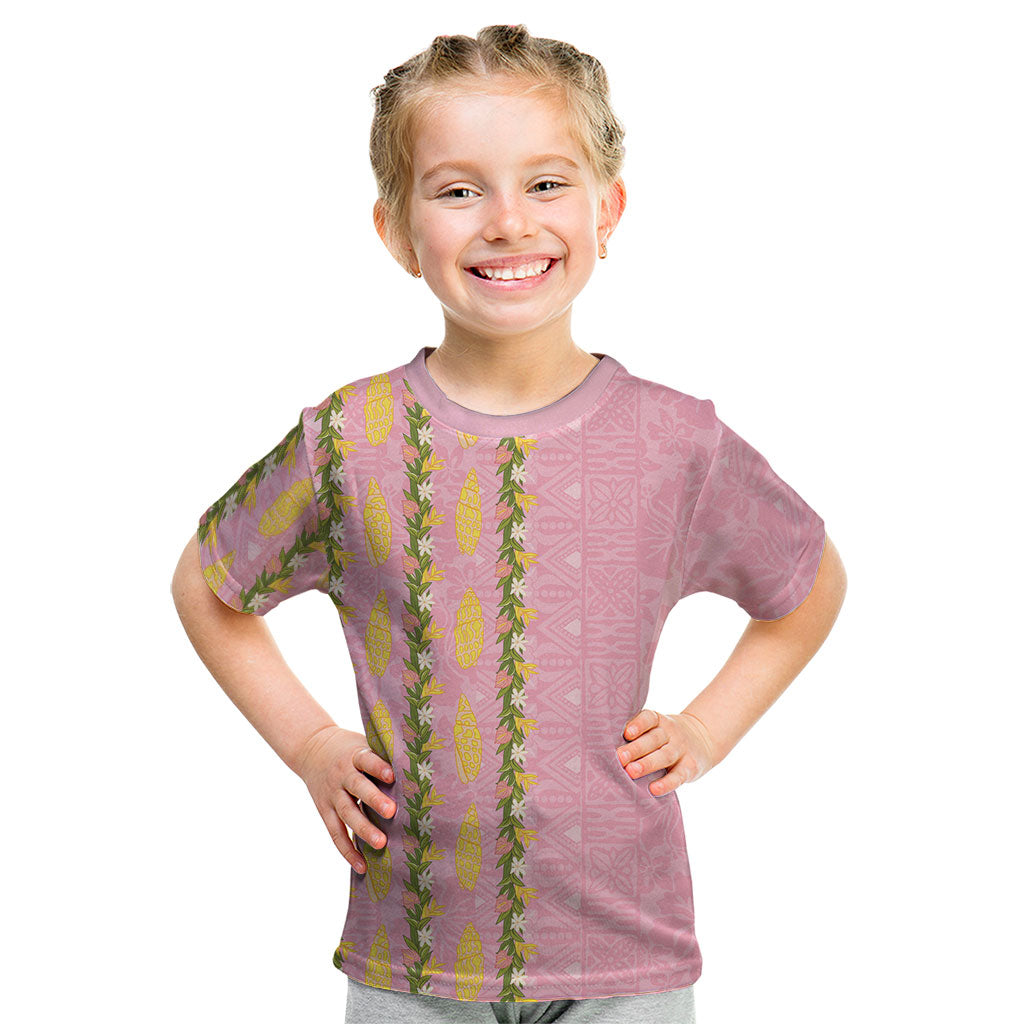 Hawaii Shell Tiare Anthurium Heliconia Lei Kid T Shirt With Tapa Pattern Baby Pink LT05 Pink - Polynesian Pride