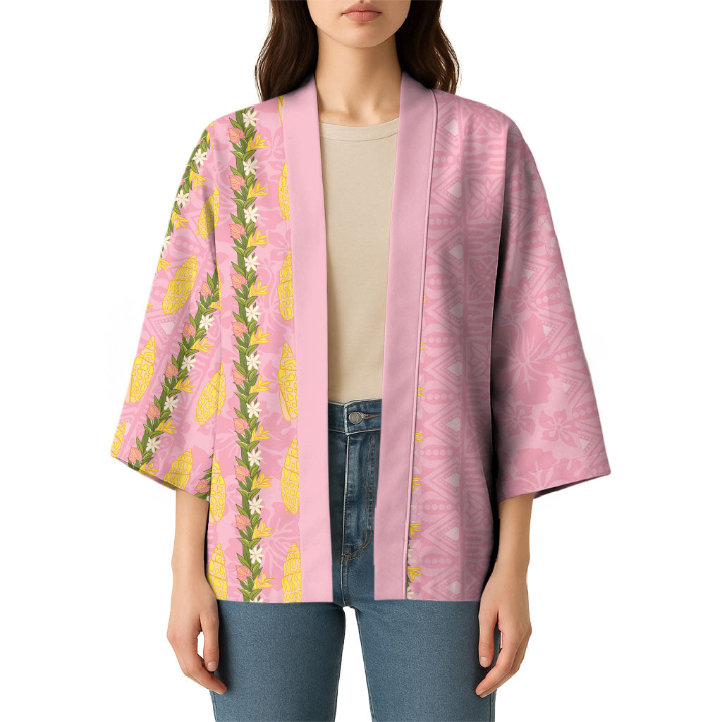 Hawaii Shell Tiare Anthurium Heliconia Lei Kimono With Tapa Pattern Baby Pink