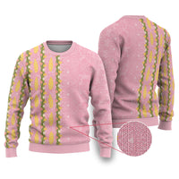 Hawaii Shell Tiare Anthurium Heliconia Lei Ugly Christmas Sweater With Tapa Pattern Baby Pink