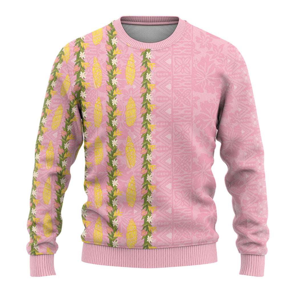 Hawaii Shell Tiare Anthurium Heliconia Lei Ugly Christmas Sweater With Tapa Pattern Baby Pink