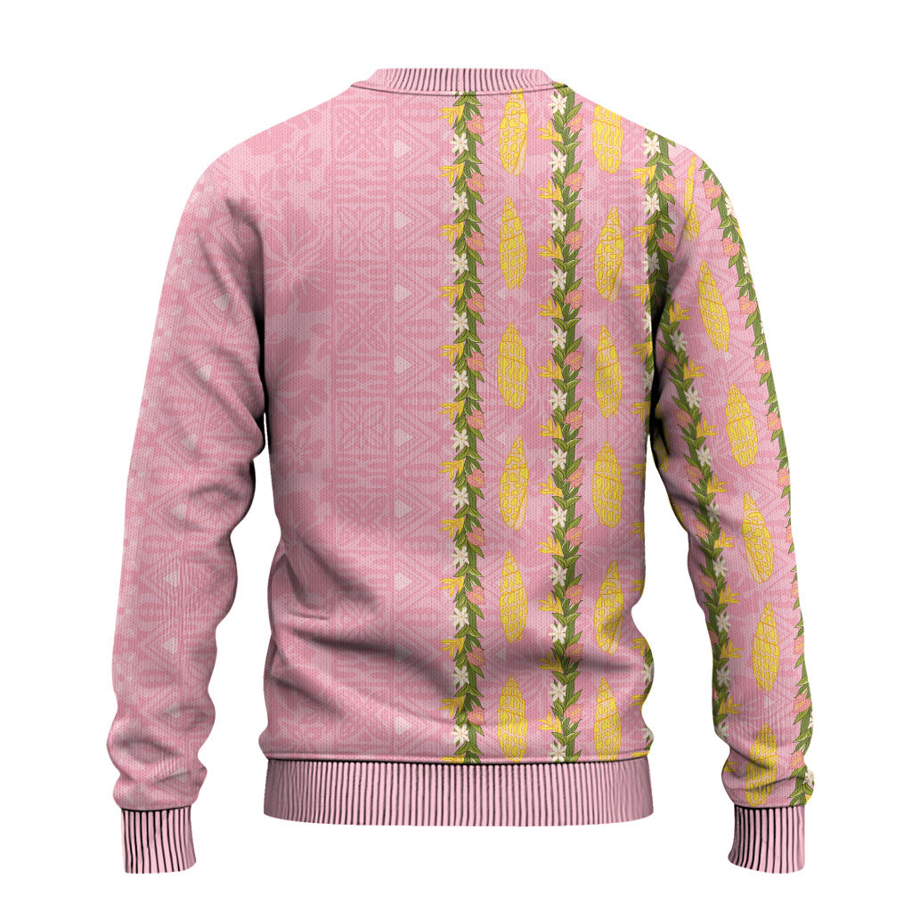 Hawaii Shell Tiare Anthurium Heliconia Lei Ugly Christmas Sweater With Tapa Pattern Baby Pink