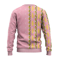 Hawaii Shell Tiare Anthurium Heliconia Lei Ugly Christmas Sweater With Tapa Pattern Baby Pink