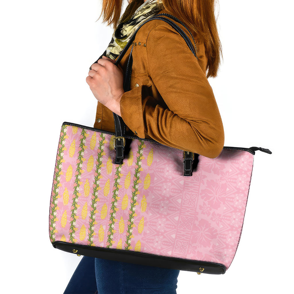 Hawaii Shell Tiare Anthurium Heliconia Lei Leather Tote Bag With Tapa Pattern Baby Pink LT05 Pink - Polynesian Pride