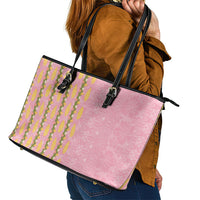 Hawaii Shell Tiare Anthurium Heliconia Lei Leather Tote Bag With Tapa Pattern Baby Pink