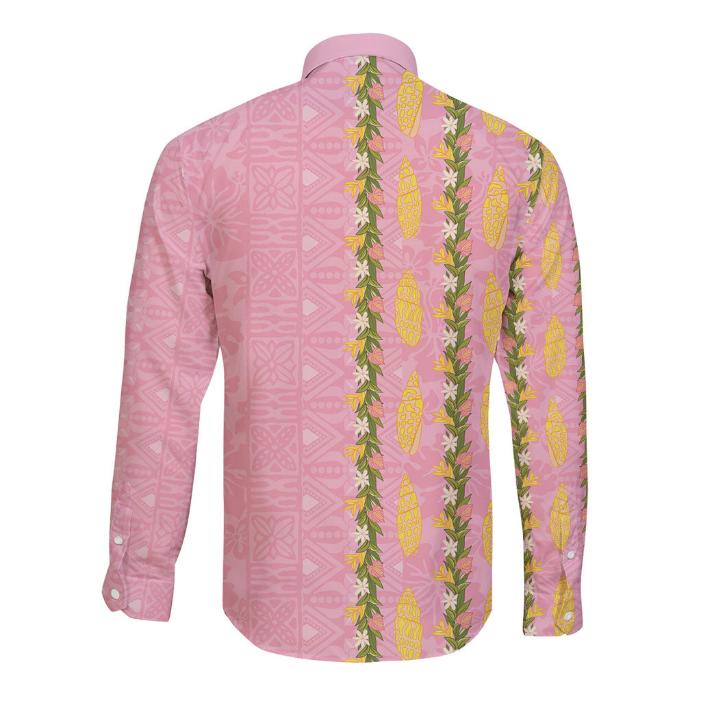 Hawaii Shell Tiare Anthurium Heliconia Lei Long Sleeve Button Shirt With Tapa Pattern Baby Pink