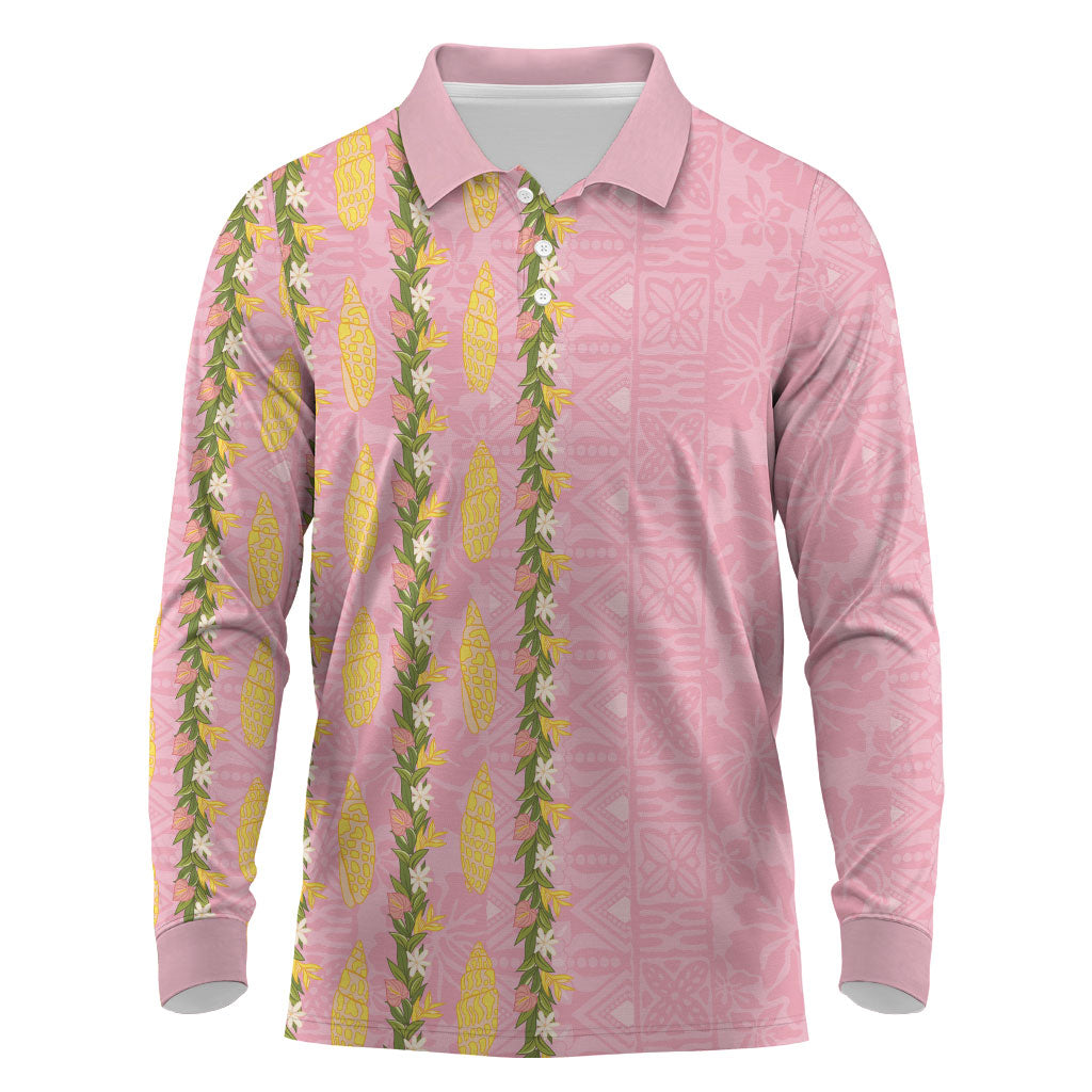 Hawaii Shell Tiare Anthurium Heliconia Lei Long Sleeve Polo Shirt With Tapa Pattern Baby Pink LT05 Pink - Polynesian Pride