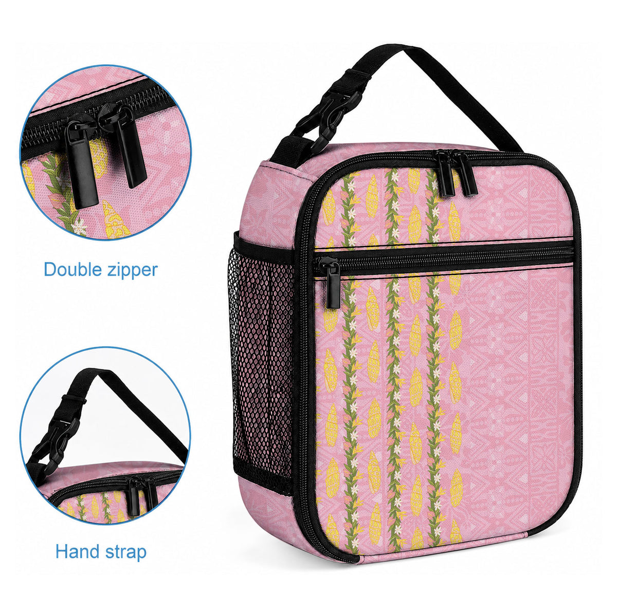 Hawaii Shell Tiare Anthurium Heliconia Lei Lunch Bag With Tapa Pattern Baby Pink LT05 - Polynesian Pride