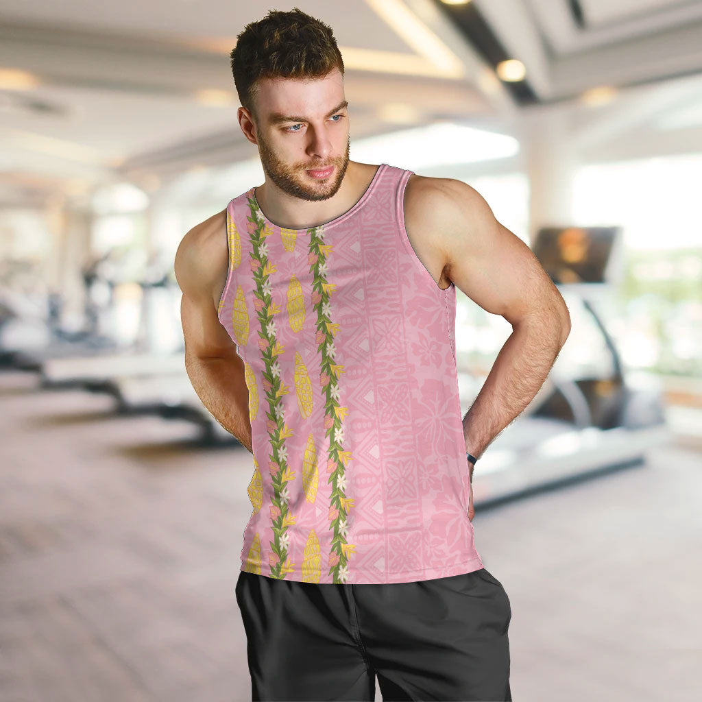Hawaii Shell Tiare Anthurium Heliconia Lei Men Tank Top With Tapa Pattern Baby Pink LT05 Pink - Polynesian Pride